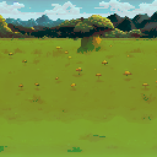 Vast grassy field dotted with golden mushrooms under a bright, clear sky. Jagged mountains line the horizon, framed by floating green cliffs. Soft shadows and muted greens dominate, creating a serene yet fantastical atmosphere. The lighting is natural, with crisp details in the clouds and terrain.