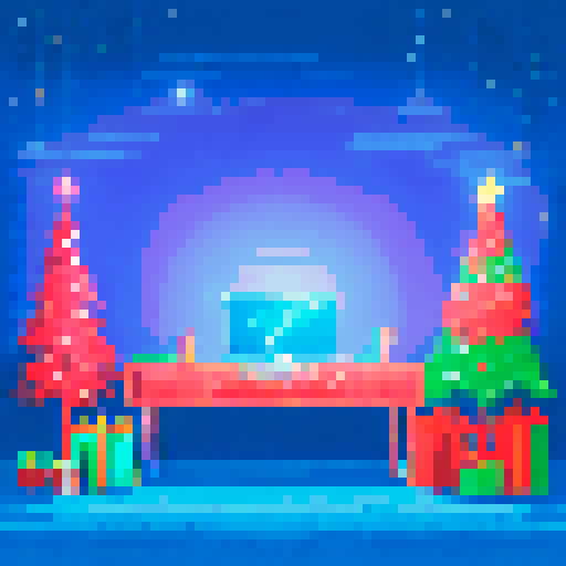 keyboard, mouse, decorated Christmas tree with twinkling lights instead of monitor, desk, 8-bit, vibrant and lively asthetic