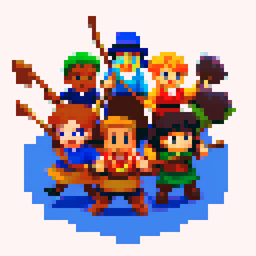 People of different races, holding broomsticks, posing for a portrait, forming a united front.