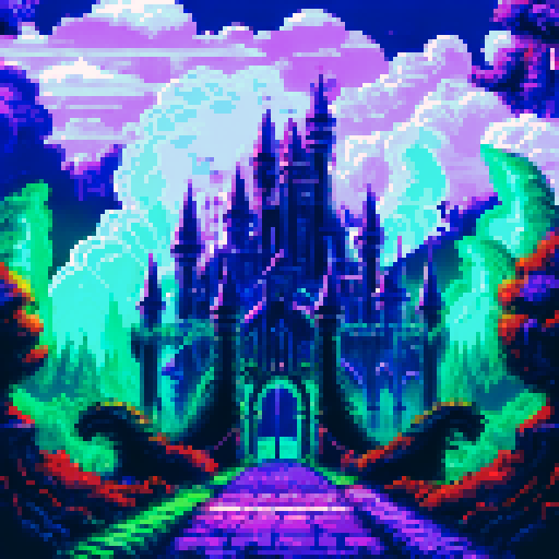 Haunted mansion, looming atop a hill, with a winding cobblestone pathway leading to its entrance, under a pitch black night sky filled with ominous thunderclouds and sporadic bursts of lightning, all depicted in vivid pixel art, showcasing the eerie sRGB color palette, creating a haunting background landscape