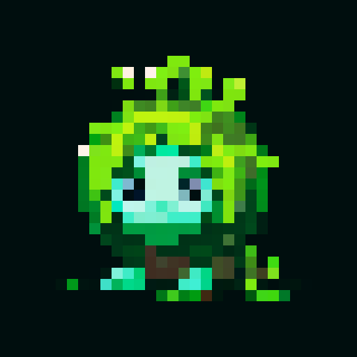 A wise, ancient guardian with a body covered in moss and vines, and deep, glowing blue eyes. It has a calm, serene expression and exudes an aura of ancient wisdom and tranquility. No background.
