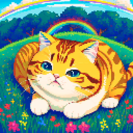 cute, chubby cat sitting on a vibrant, pixelated grass field with a clear blue sky and a rainbow curved above