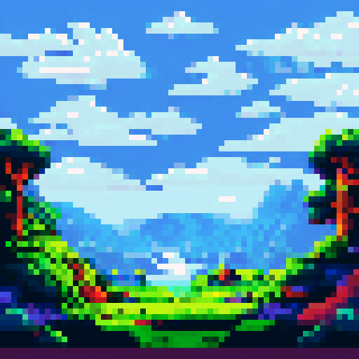 Full moon casting a dim, blue light over a pixelated landscape of rolling hills and winding rivers, with fluffy, white clouds drifting across the inky sky