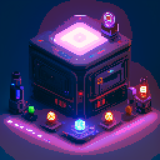 futuristic 4 tier lootbox, glowing buttons, silver box center, intricate details, pixel art style, sRGB
