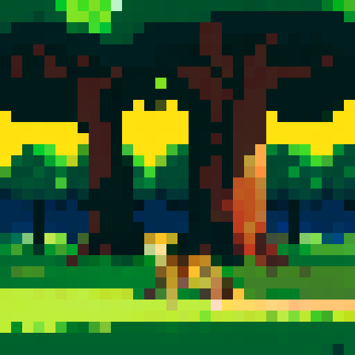 a cute jaguar in the forest. the scenery have two big trees, one at each side. the sky have a bright yellow sun
