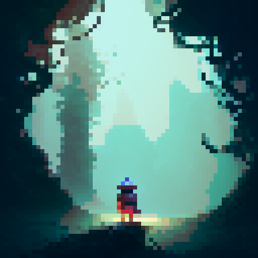 Goblin peering through the misty forest, holding a rusted lantern and wearing a tattered cloak, surrounded by twisted trees and glowing mushrooms in a whimsical art style.