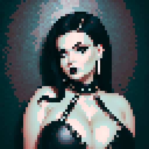 curvy, busty goth babe with studded collar. Full head portrait. big titty goth, in a close up glamour shot. Wearing Halter top. modern tile backsplash.