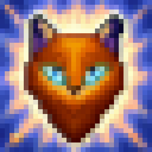 Feigning death, a sly fox lies motionless amidst the autumn leaves, its fur a fiery orange against the cool blue sky in a 32x32 pixel art style.