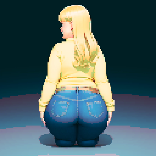 chubby, blonde, girl, jeans, long sleeve shirt, wide hips, very big butt, facing away from camera, looking back and smiling, kneeling, mooning, revealing buttocks, pixel art, sRGB