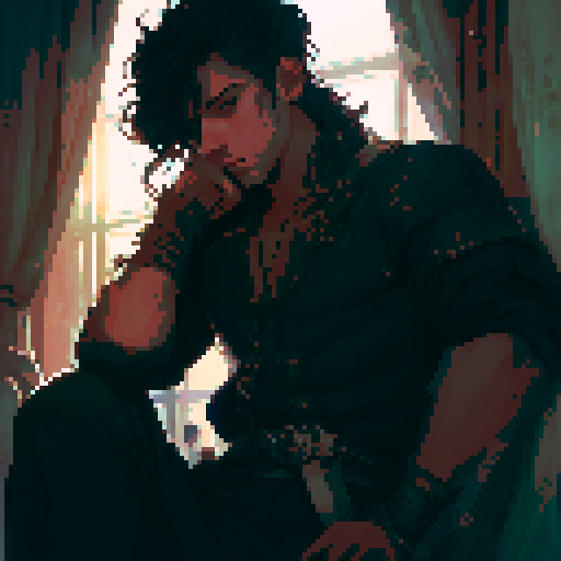 Young man in a medieval era. Neck length black hair, green eyes, handsome, sharp jawline, carrying a short sword at his waist. Window background looking to a green fantasy world.