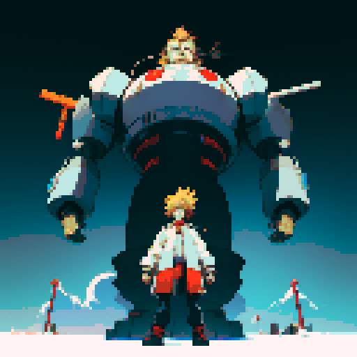 fat mad scientist, full-body image, facing right, giant robot