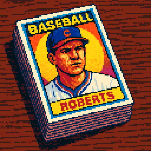Pixel art of a vintage 1980s-style baseball card stack on a wooden table. The top card shows a serious-looking baseball player in a classic uniform with bold colors, sharp outlines, and soft pixel shading. The card design mimics 80s Topps cards with chunky lettering for a fake name. Use a vibrant Sega Genesis 16-bit style with selective dithering, geometric forms, and nostalgic retro charm. Avoid modern gradients—keep it pure pixel art.