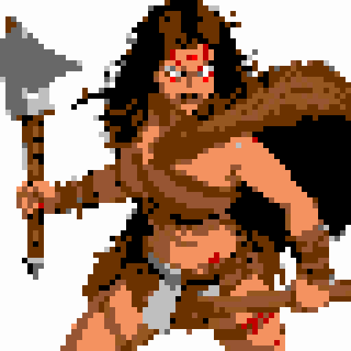 barbarian woman wielding an axe, with thick thighs, a chest, wearing tattered brown crop top without sleeves, a long brown fur cape held together by a silver circle, brown fur anklets, a short brown cloth skirt, barefoot, fangs, red stripes under her eyes, a red diamond painted on her forehead, red stripes on her arms, short black hair, tan skin, and red eyes, in an angry pose, depicted in pixel art with vibrant sRGB colors