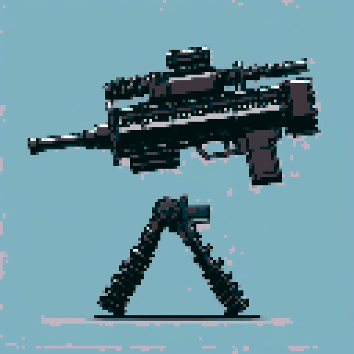 I want to see a minigun with 8 barrels floating in the center of the frame. It should have strange mechanical details that could interlock with others. I want this object usable an asset in a videogame, meaning only one object per image, outlined with a strong black stroke, on a solid-color background. 