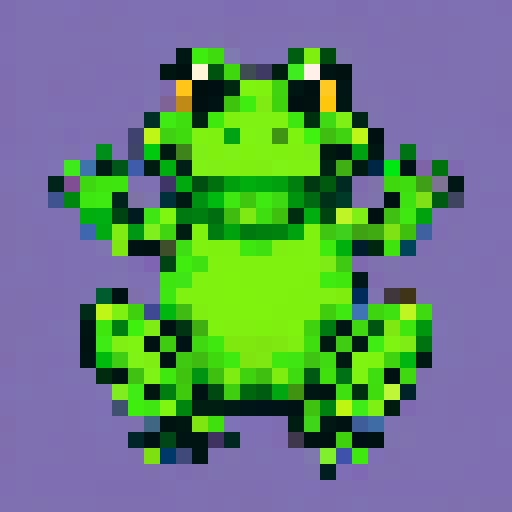 Bright green frog with golden eyes, rendered in pixel art with a sRGB color palette and a transparent background for a badge design