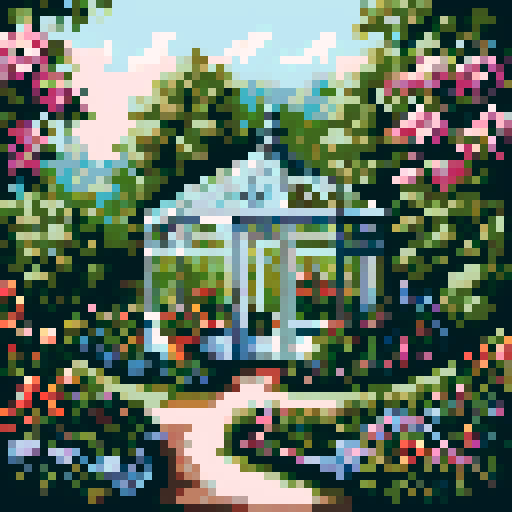 a victorian conservatory greenhouse in a cottage garden cottagecore style cross stitch pattern