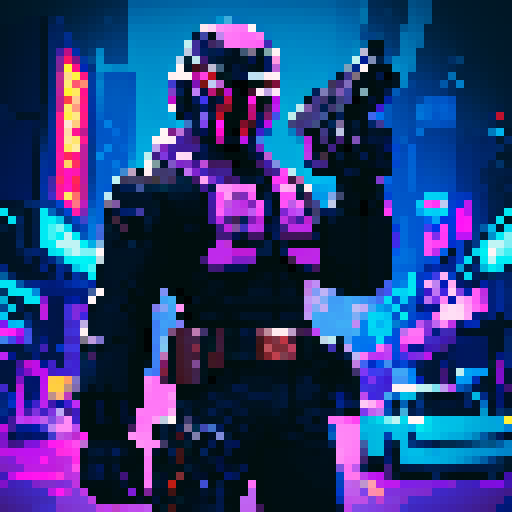 Bounty hunter, rugged and determined, with a pixelated visage and vibrant sRGB colors, brandishing a futuristic blaster, against a backdrop of neon-lit cityscape and flickering shadows