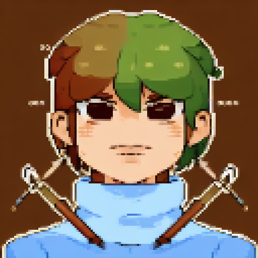 Green and brown pixelated archer, in a close-up portrait, with a game icon style, showcasing their bow and arrow.