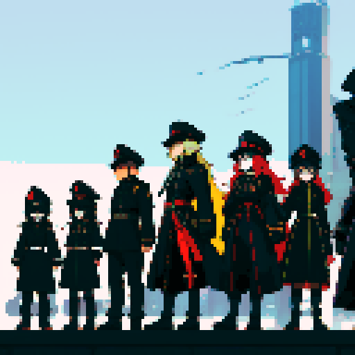 soldiers lined up, black uniforms, black hats, skull masks, lined up, facing camera, full-body image