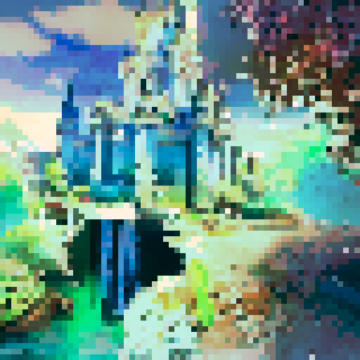 Majestic Disney castle nestled in lush greenery, framed by towering trees, with a shimmering moat and a bright blue sky in the background, rendered in a stunning landscape portrait style.