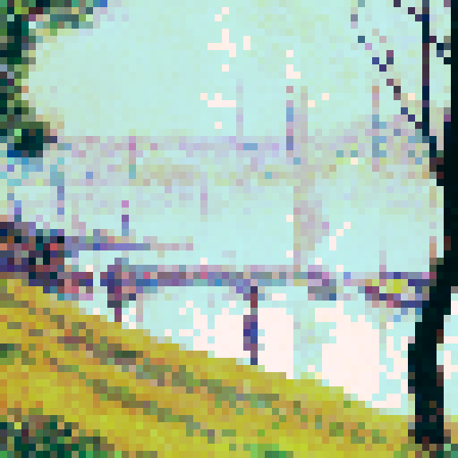Mimic Georges Seurat’s pointillist technique by translating the details of the image into small, evenly spaced pixels with soft, blended colors. Focus on subtle, muted tones to evoke Seurat’s impressionist style, creating a calm and serene atmosphere. Ensure that the pixelated image reflects the original composition but maintains the abstract, dotted feel of pointillism, while avoiding vivid or harsh colors, opting instead for smooth, harmonious transitions between shades.