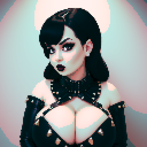 curvy, busty goth babe with studded collar. big titty goth, in a close up glamour shot. Wearing Halter top. modern tile backsplash.