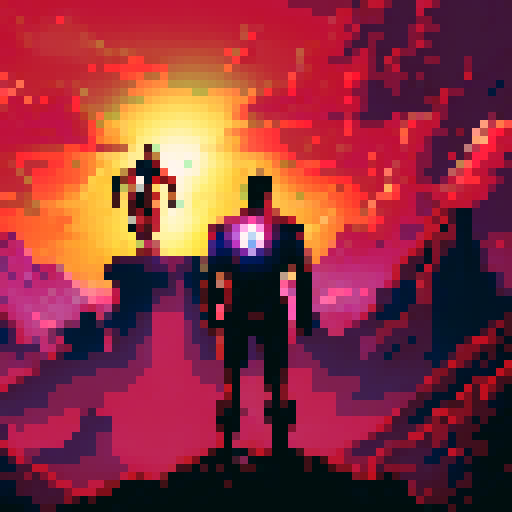 Ironman and Sherlock Holmes, surrounded by a pixelated landscape of neon colors, stand back to back in the Robert Downey Jr style, with Ironman's suit gleaming in the sRGB lighting and Sherlock's coat billowing behind him, ready to take on whatever danger may come their way
