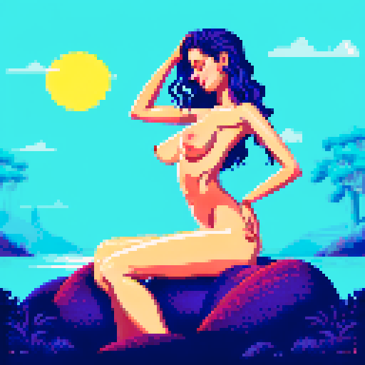 a sexy beautiful model with green eyes, golden wet skin shining, orange sunset light, laying down, coy smile, tanned skin, black wavy shiny hair, 50mm portrait, sun , glamour, soft curves, ass, full wet lips,nude,nsfw,+18,backview,big ass