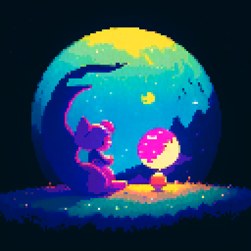 Moonlit night, shimmering crescent, glowing celestial orb, stars dancing, mystical glow, ethereal landscape, enchanting moonbeams, dreamlike atmosphere, pixelated magic, vibrant colors, retro-inspired art, sRGB palette, pixelated details, nostalgic vibes