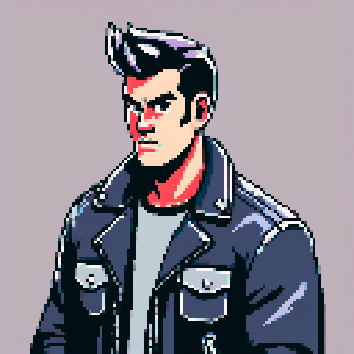 Muscular, tough greaser man with a pompadour hairstyle, wearing a motorcycle jacket, pixel art, sRGB colors, portrait, face avatar