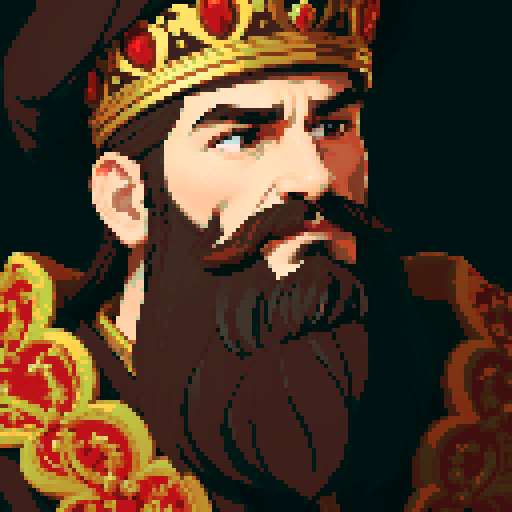 king, regal, crown, majestic, stoic expression, sharp features, detailed beard, royal robe, intricate embroidery, game icon,  sRGB, skill art, close up, portrait