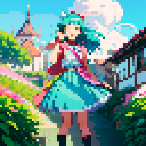 Name: Maihara Fuuka
Gender: Female
Age: Around 20, looks cute and lovely
Hair: cyan long hair, vivid eyes with a smile.  
Eyes: winking, expressing cute and some kind of tricking.
Clothing: wearing skirt.
Outfit: Expressing herself as a lovely young girl.
Accessories:  A flower on the head.
Pose: Only one hand shaking to you, smiling, and the other hand is putting behind back. Seems like verying welcoming. Stooping slightly.