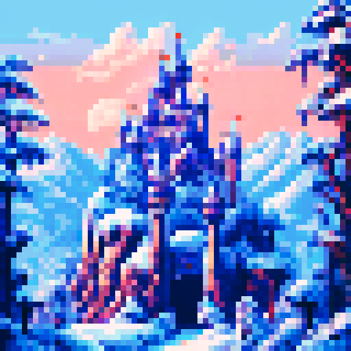 A stone castle accented with silver and gold, sitting atop a snowy hill on a vast plain