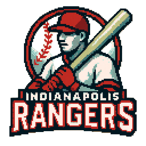 Pixel art of a fictional baseball team called the Indianapolis Ranger. red, white and light gray, sharp outlines, and soft pixel shading. The logo design mimics 80s MLB logos. Use a vibrant Sega Genesis 16-bit style with selective dithering, geometric forms, and nostalgic retro charm. Avoid modern gradients—keep it pure pixel art.