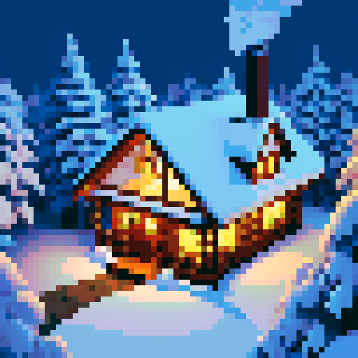 snow-covered cabin, surrounded by tall pine trees, smoke rising from the chimney, warm glow radiating through the frost-covered windows, icicles hanging from the roof, chimney bricks made of pixel art, cozy atmosphere, pixelated smoke wafting from the chimney, no background png. Top down view from game