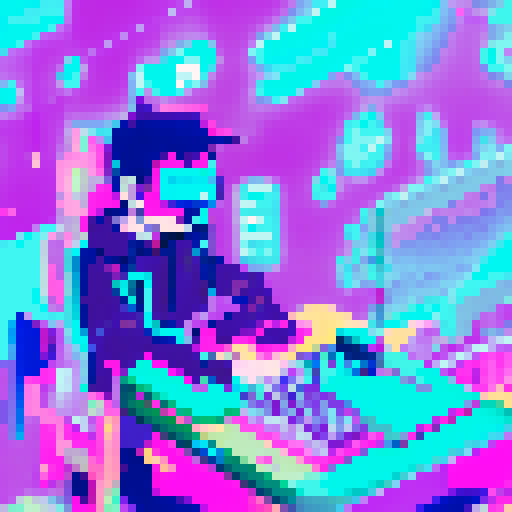 A neon-haired cyber hacker surrounded by holographic screens, typing furiously on a retro keyboard with a city skyline and digital circuitry in the background, all in anime style