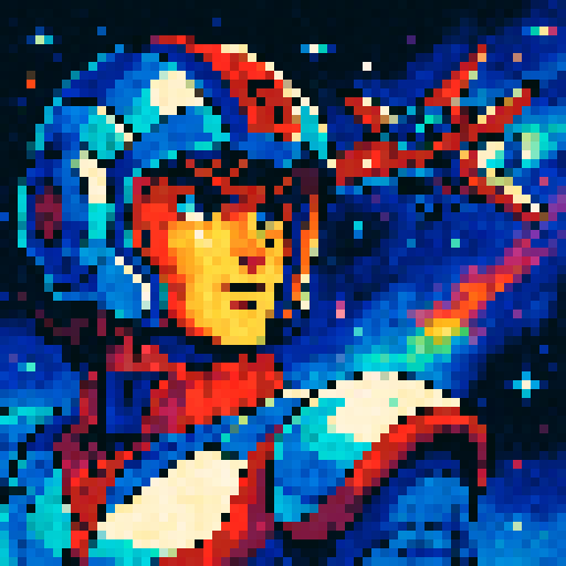 80s anime style space fighter man. Helmet with ship. Vibrant.
