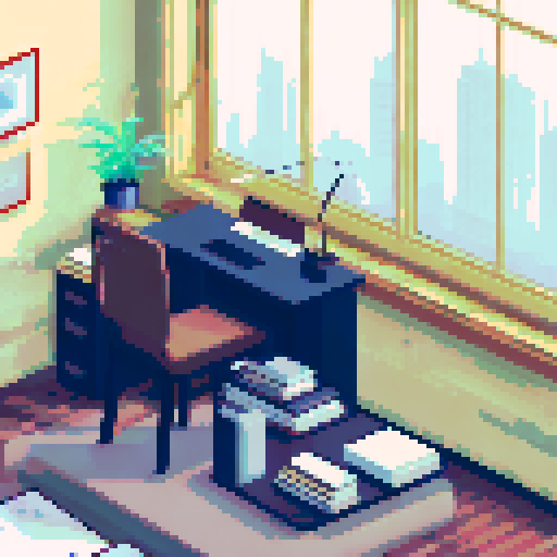 president office, elegant desk, leather chair, vintage typewriter, stack of official documents, golden pen, framed landscape painting, tall bookshelf, dimly lit desk lamp, large window with cityscape view, pixelated art, 2.5d, looking away
