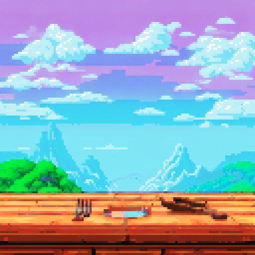 Wooden table centred, pixel art, sRGB, background with a serene landscape