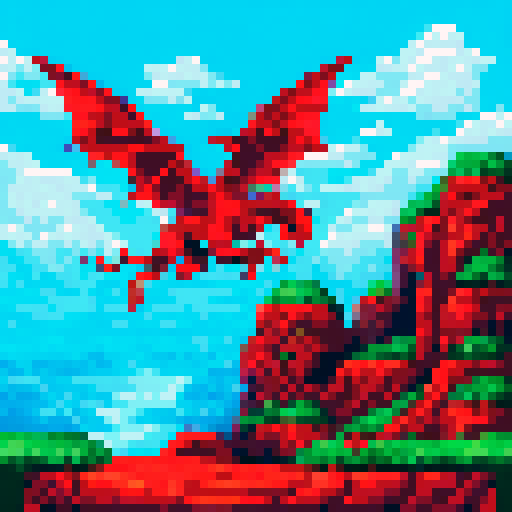 A majestic red dragon soaring over a vibrant pixelated landscape, with a sparkling sRGB background