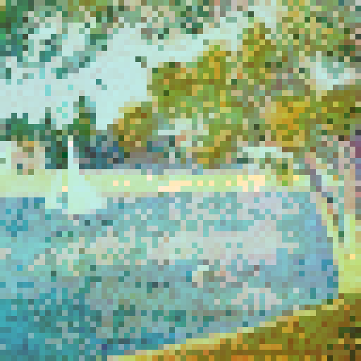 Mimic Georges Seurat’s pointillist technique by translating the details of the image into small, evenly spaced pixels with soft, blended colors. Focus on subtle, muted tones to evoke Seurat’s impressionist style, creating a calm and serene atmosphere. Ensure that the pixelated image reflects the original composition but maintains the abstract, dotted feel of pointillism, while avoiding vivid or harsh colors, opting instead for smooth, harmonious transitions between shades.