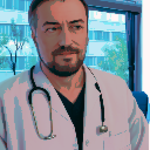 psychiatrist, cozy office, vintage armchair, patient's deep introspection, gentle smile, comforting presence, color palette of muted blues and warm earth tones, pixel art, sRGB