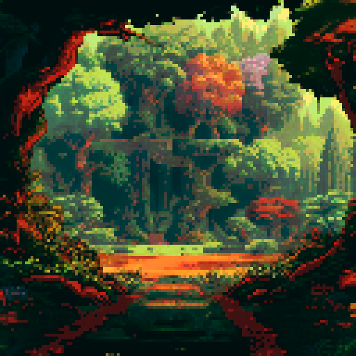 Tall, towering majestic trees, enormous treehouse, vibrant colors, dense foliage, pixelated leaves, intricate branches, serene background, sprawling landscape, sRGB palette