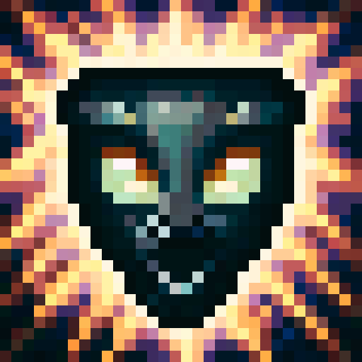 Black cat, pixelated in 32x32 with VGA, close up and skillfully portrayed, its dead face revealing a partially exposed bone structure.