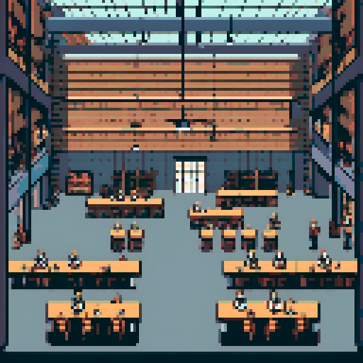 visualize a warehouse cafeteria in which some workers are sitting on tables while some are standing