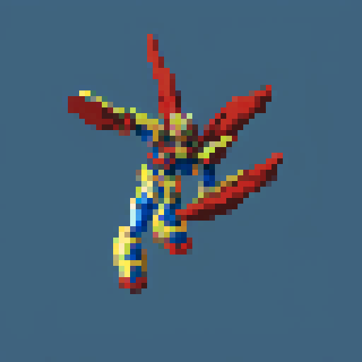 Flying gundam with two hand weapon and angular wings