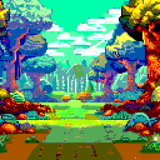 dense green giant oak tree forest, towering trees, dappled sunlight, first person view looking ahead, wide angle shot