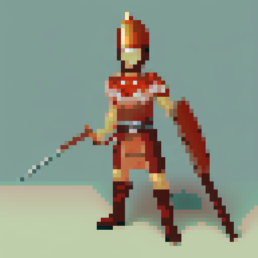 greek hoplite with copper armor, shield and corinthian style helmet without plume. red tunic and red edging on sandals. long spear. in a 64x64 sprite style