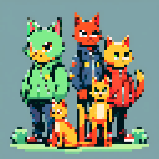 A yellow cat, a red dog, a green turtle and an orange goldfish standing together as a family, posing for a portrait.