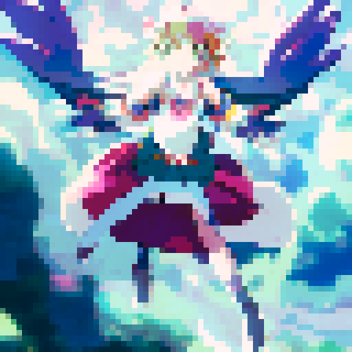 Flying high above the treetops, the Touhou shrine maiden gracefully soars in a top-down view, her flowing hair and billowing skirt capturing the anime-style essence of her magical flight.